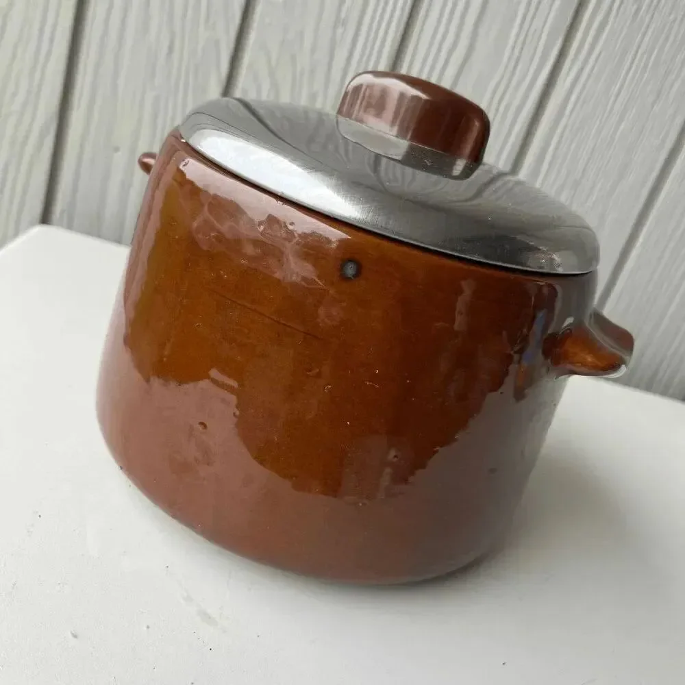 VTG West Bend Brown Glazed Pot Canister Chrome Lid 8.5” Mid Century